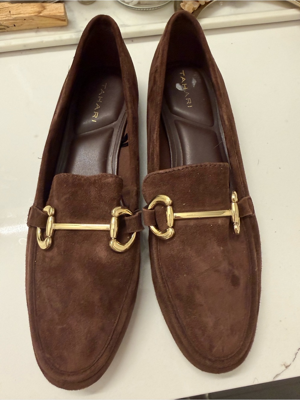 Tahari Chocolate Brown Suede Loafers with Gold Bit